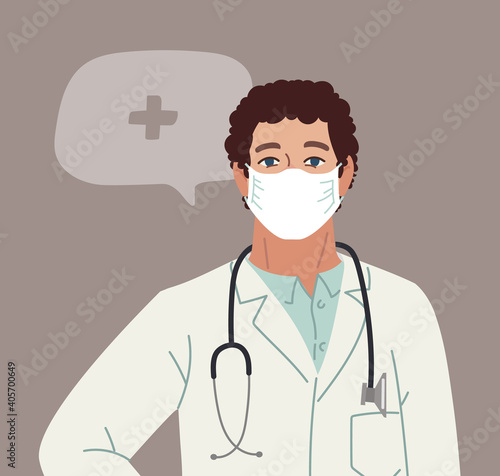 Doctor or Nurse wearing Medical Face Mask. Medical person profession modern vector flat illustration. Doctor and hospital staff cartoon character and speech bubble