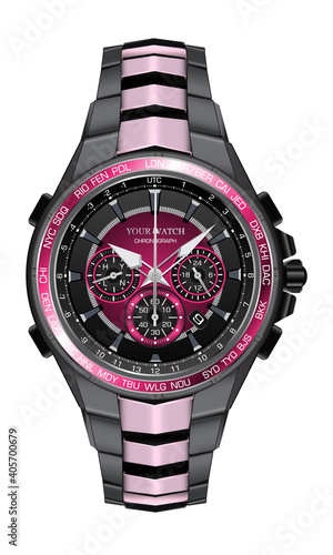 Realistic watch clock chronograph pink black steel design fashion for men luxury elegance on white background vector illustration.