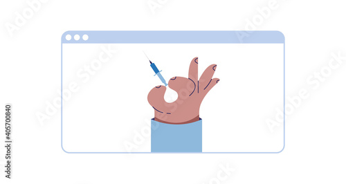 Vaccination 2021. Online registration for vaccination against covid-19. Medical concept of fighting the pandemic wave. A hand holding a syringe with a vaccine coming out of a web browser window.