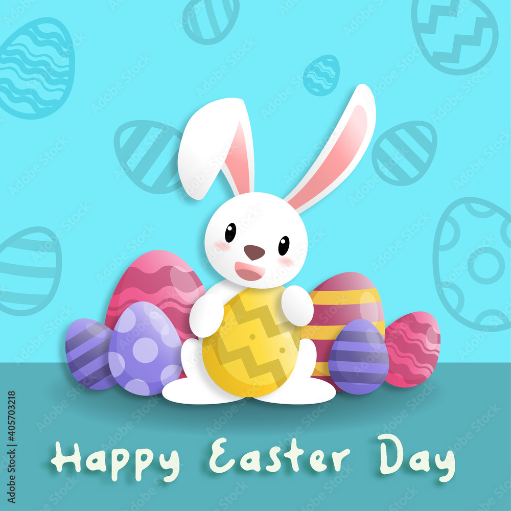 Happy easter day in paper art style with rabbit and easter eggs. greeting card, posters and wallpaper. Vector illustration. Happy easter day in paper art style with rabbit and easter eggs. greeting card, posters and wallpaper. Vector illustration.