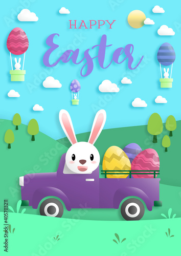 Happy easter day in paper art style with rabbit and easter eggs. greeting card, posters and wallpaper. Vector illustration.