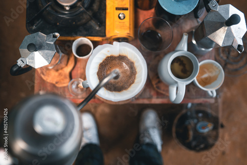 Dripping coffee on a table at a country cafe.