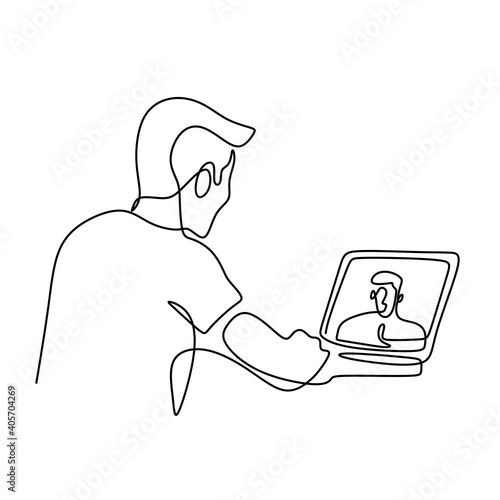 Man working or learning from home having online videoconference on laptop continuous one line hand-drawn minimalism design. Zoom video call isolated on white background. Vector illustration