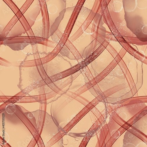 Seamless abstract geometric pattern with stains and lines on beige background in digital fluid art technique © Maria
