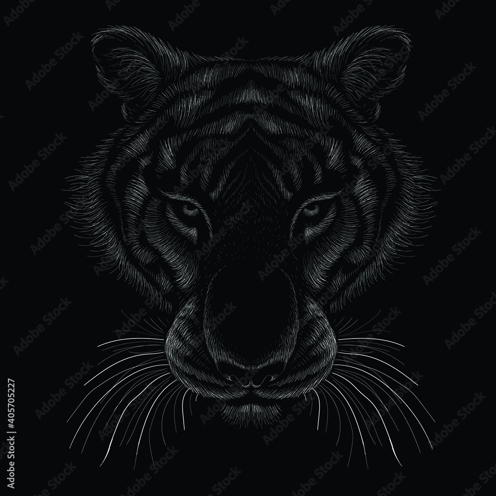 Naklejka The Vector logo tiger for tattoo or T-shirt design or outwear. Hunting style big cat print on black background. This hand drawing is for black fabric or canvas.