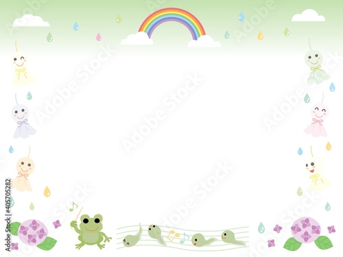 梅雨のてるてる坊主とカエルと虹と紫陽花のフレーム