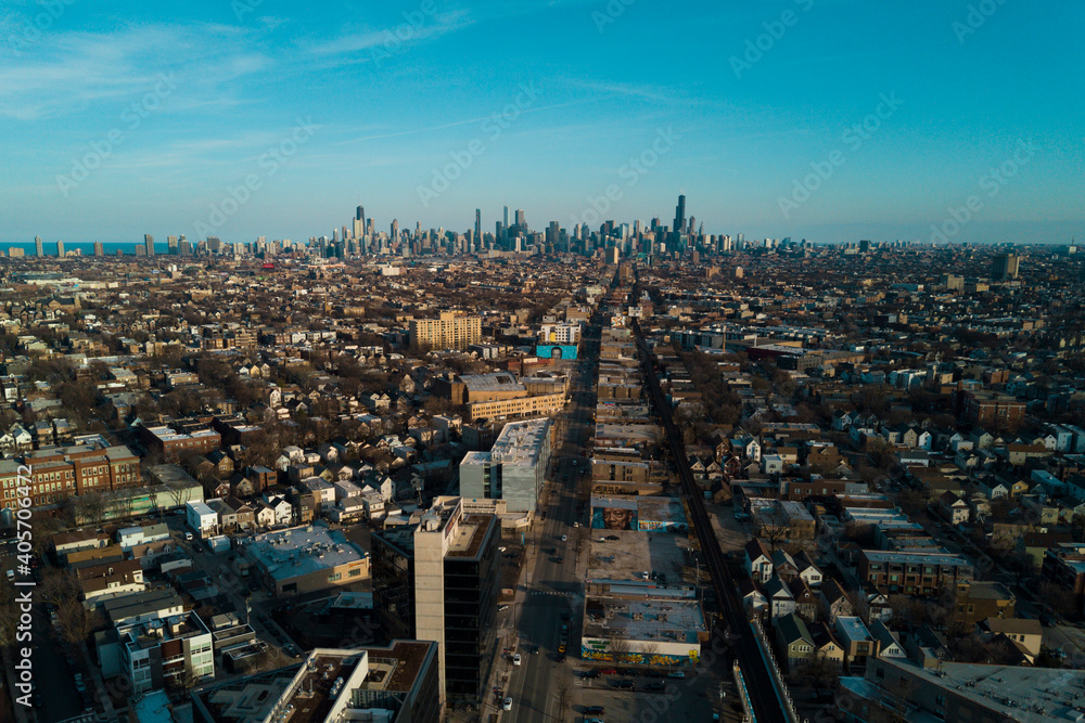 Obraz premium An aerial drone image of the Chicago skyline