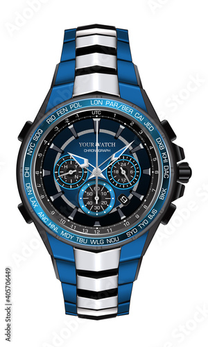 Realistic watch clock chronograph blue silver black steel design fashion for men luxury elegance on white background vector illustration.