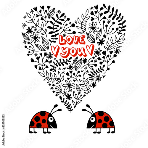 Lovely card for Valentines Day. Couple of ladybugs in love. Vector illustration