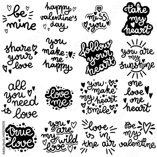 Set of lettering about love. Valentines Day. Black and white vector lettering. Vector illustration