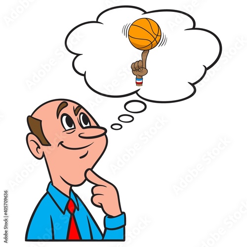Thinking about playing Basketball -  A cartoon illustration of a man thinking about playing Basketball.