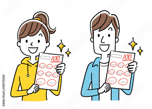 ベクターイラスト素材：テストで100点をとる男子学生と女子学生
