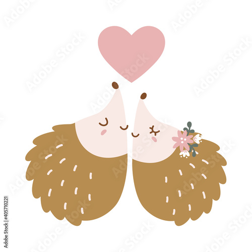 Cute hedgehog couple in love. Cartoon hedgehogs vector illustration.