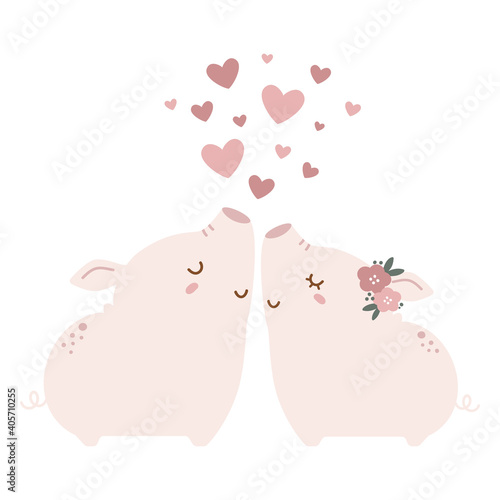Cute pig couple in love. Cartoon pigs vector illustration.