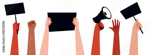 People Hands Protesting And Holding Megaphone, Placards For Their Rights On White Background.