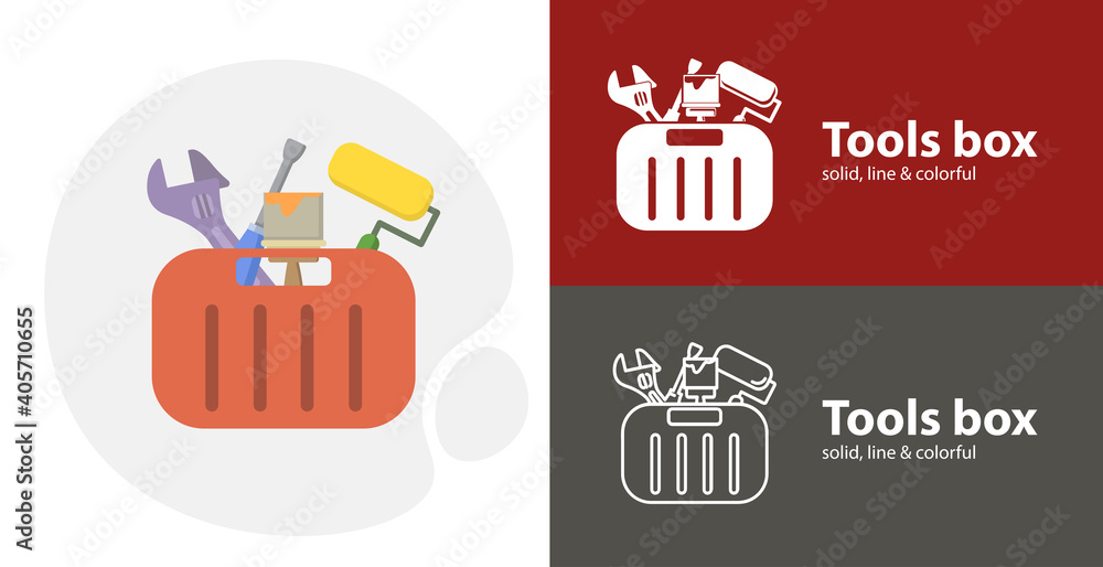 Toolbox with tools isolated tool flat icon with Toolbox solid, line icons Toolbox with tools isolated tool flat icon with Toolbox solid, line icons
