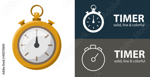 timer isolated vector flat icon with stopwatch solid, line icons