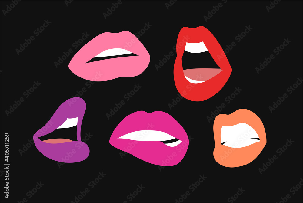 Sexy Female Lips with Matt Colorful Lipstick. Flat Style Vector Fashion Illustration Woman Mouth. Gestures Collection Expressing Different Emotions