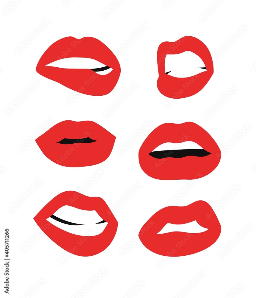 Sexy Female Lips with Matt Red Lipstick. Flat Style Vector Fashion Illustration Woman Mouth. Gestures Collection Expressing Different Emotions Sexy Female Lips with Matt Red Lipstick. Flat Style Vector Fashion Illustration Woman Mouth. Gestures Collection Expressing Different Emotions