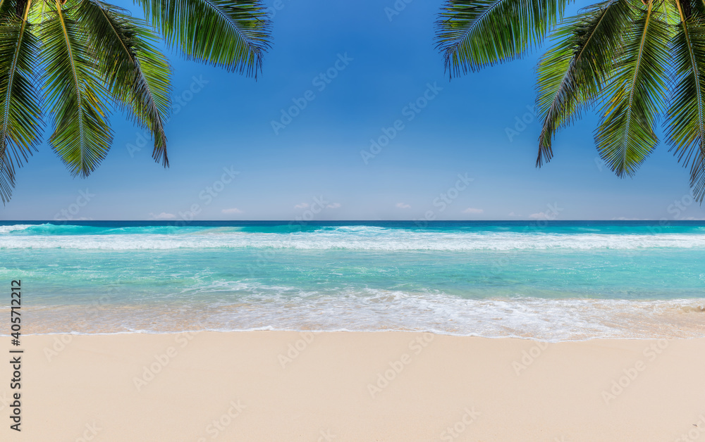 Tropical beach with white sand, tropical sea and palms. Summer vacation and tropical beach concept.	