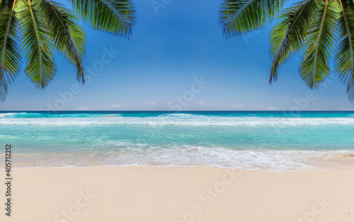 Tropical beach with white sand, tropical sea and palms. Summer vacation and tropical beach concept. 
