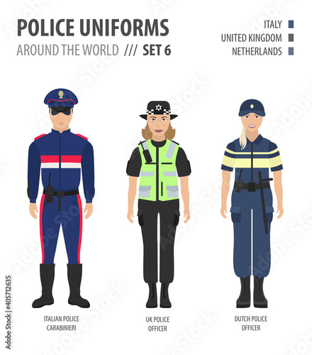 Police uniforms around the world. Suit, clothing of european police officers vector illustrations set