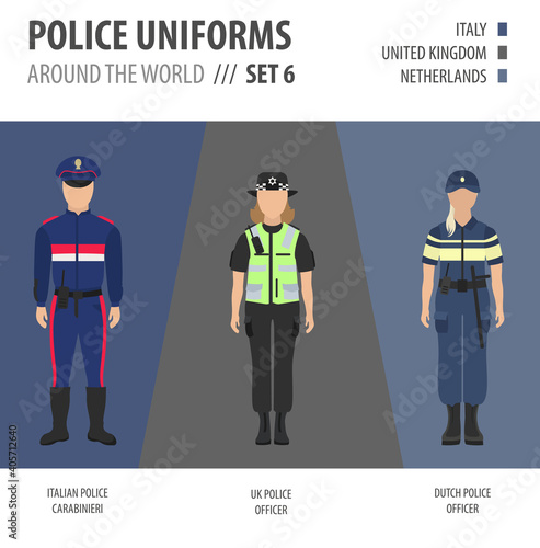 Police uniforms around the world. Suit, clothing of european police officers vector illustrations set