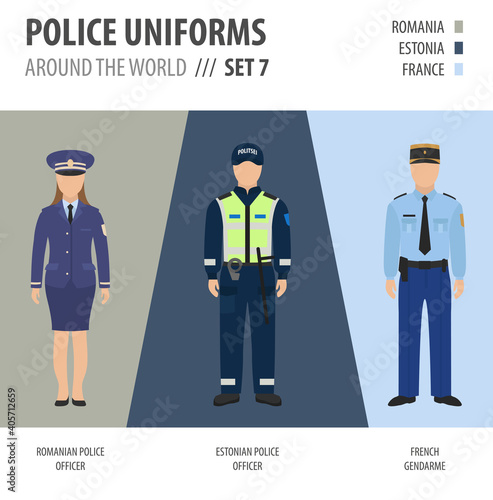 Police uniforms around the world. Suit, clothing of european police officers vector illustrations set