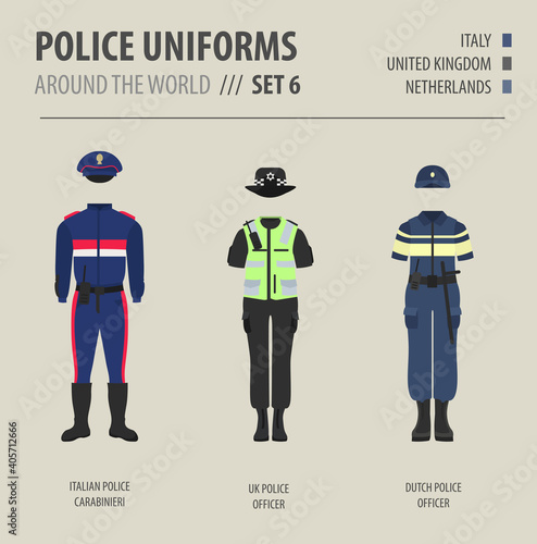 Police uniforms around the world. Suit, clothing of european police officers vector illustrations set