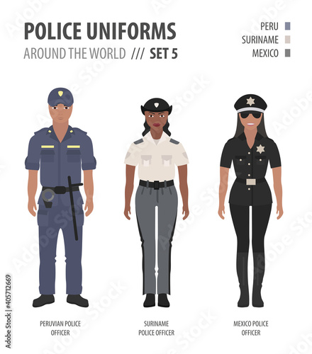 Police uniforms around the world. Suit, clothing of american police officers vector illustrations set