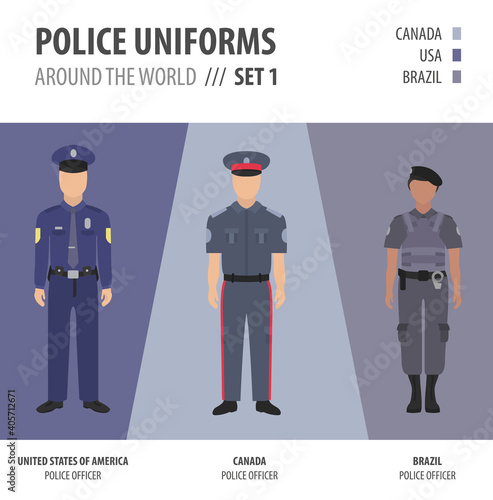Police uniforms around the world. Suit, clothing of american police officers vector illustrations set