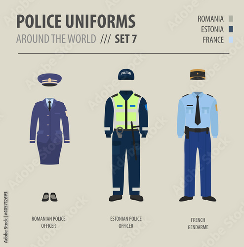 Police uniforms around the world. Suit, clothing of european police officers vector illustrations set