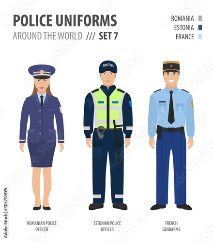 Police uniforms around the world. Suit, clothing of european police officers vector illustrations set