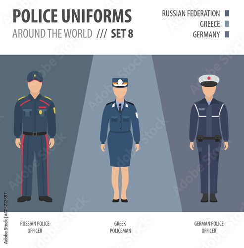 Police uniforms around the world. Suit, clothing of european police officers vector illustrations set