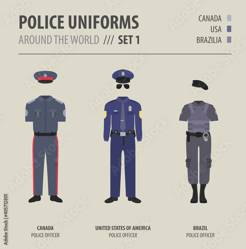 Police uniforms around the world. Suit, clothing of american police officers vector illustrations set