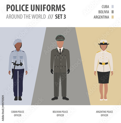 Police uniforms around the world. Suit, clothing of american police officers vector illustrations set