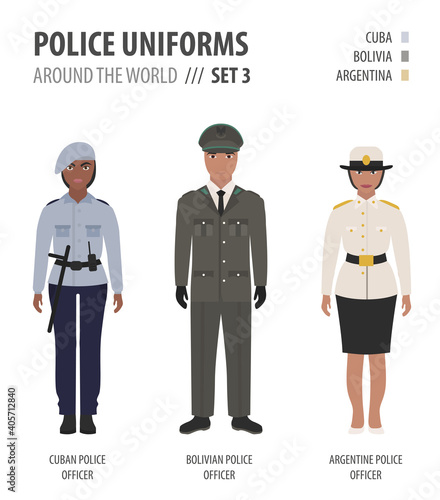 Police uniforms around the world. Suit, clothing of american police officers vector illustrations set