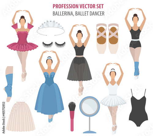 Profession and occupation set. Ballerina equipment flat design icon. Different suits of ballet dancer