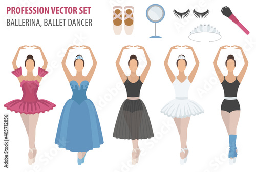 Profession and occupation set. Ballerina equipment flat design icon. Different suits of ballet dancer