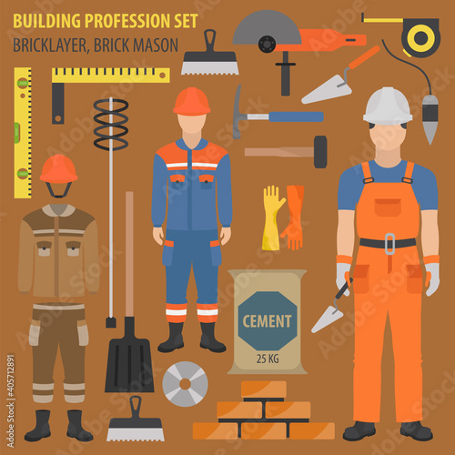 Profession and occupation set. Bricklayer, brick mason tools and equipment. Uniform flat design icon
