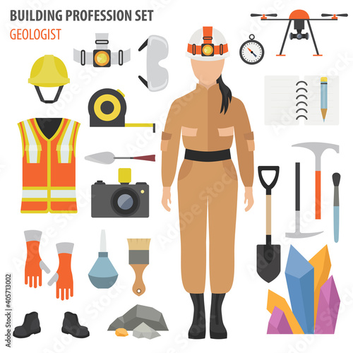 Profession and occupation set. Geologist tools and equipment. Uniform flat design icon