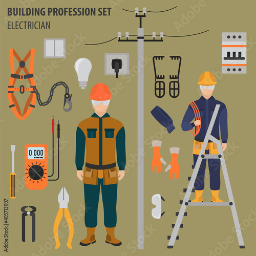 Profession and occupation set. Electrician tools and equipment. Uniform flat design icon