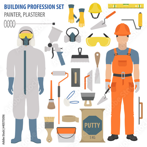 Profession and occupation set. Plasterer and painter tools and  equipment. Uniform flat design icon