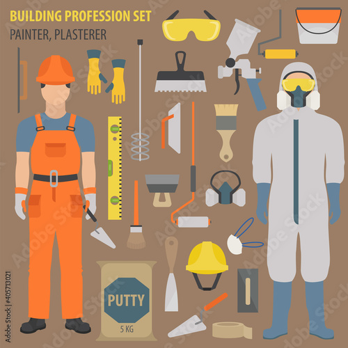 Profession and occupation set. Plasterer and painter tools and  equipment. Uniform flat design icon.Vector illustration 
