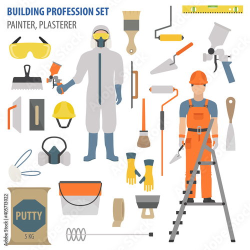 Profession and occupation set. Plasterer and painter tools and  equipment. Uniform flat design icon