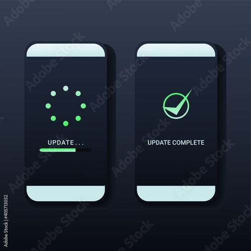 Loading process in smartphone screen. Install new software, operating system support. System software update and upgrade concept. Illustration vector photo
