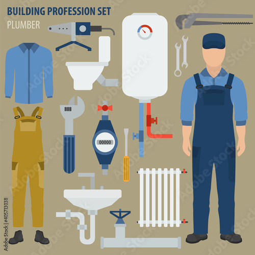 Profession and occupation set. Plumber tools and equipment. Uniform flat design icon