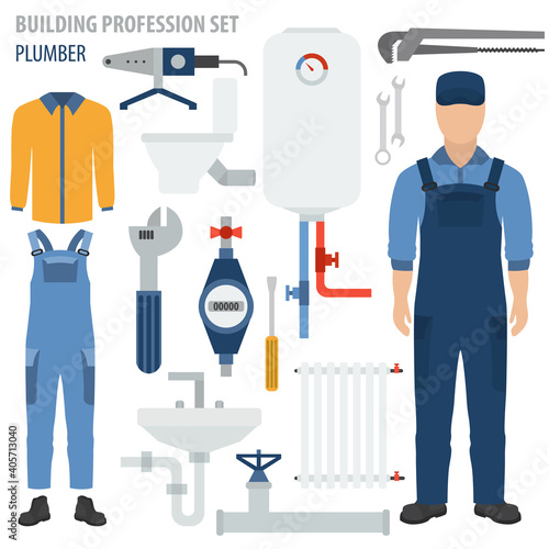 Profession and occupation set. Plumber tools and equipment. Uniform flat design icon