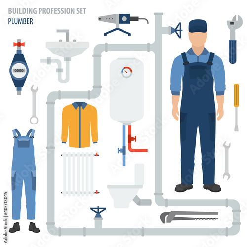 Profession and occupation set. Plumber tools and equipment. Uniform flat design icon