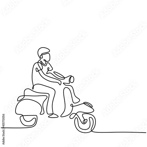 Continuous line art or one line drawing of young man riding vespa motorcycle. A male bikes classical scooter matic isolated on white background. Vintage motorbike concept. Vector illustration